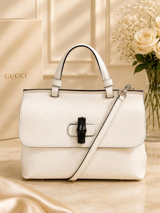 Gucci Handbags - Authentic Gucci Bamboo Daily Top Handle Bag White Leather Crossbody Tote